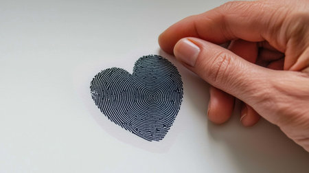 A close-up image of a hand holding a heart-shaped fingerprint on a white background, symbolizing love and individuality. This artistic representation conveys deep emotions.の素材