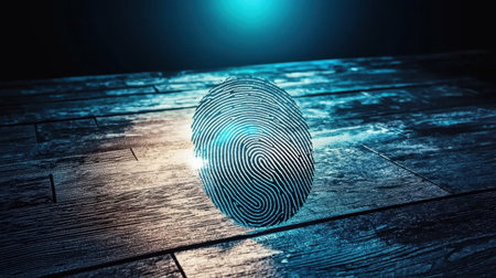A captivating close-up of a unique fingerprint on a wooden surface illuminated by dramatic blue light, symbolizing identity and security in modern design.の素材
