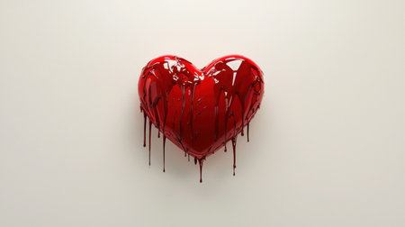 A striking glossy red heart with dripping blood on a light background, symbolizing deep emotions and passion. Perfect for romantic themes and artistic concepts.の素材