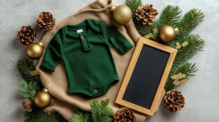 A charming flat lay featuring a green baby bodysuit surrounded by pine branches, golden ornaments, and natural elements, perfect for holiday photos.の素材
