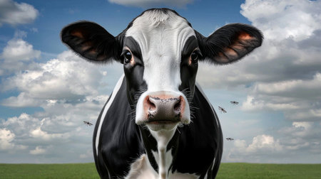A striking close-up of a charming black and white dairy cow standing against a dramatic sky, showcasing the beauty of rural life and agriculture. Ideal for farm-themed projects.の素材