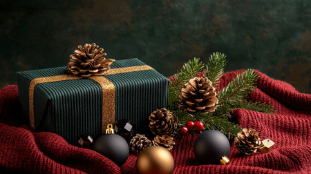 A festive green gift box adorned with a gold ribbon, surrounded by pine cones, Christmas ornaments, and lush greenery, perfect for seasonal celebrations.の素材
