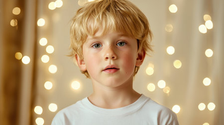 A candid portrait of a young boy with blonde hair, gazing thoughtfully against a backdrop of soft, blurred lights that evoke a joyful, festive atmosphere.の素材