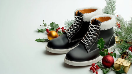 These stylish black winter boots are set against a festive backdrop of Christmas decorations, perfect for holiday shopping or as a unique gift idea.の素材