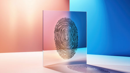 A captivating glass display featuring a distinctive fingerprint design against vibrant colored backgrounds. This modern artwork symbolizes identity and uniqueness.の素材