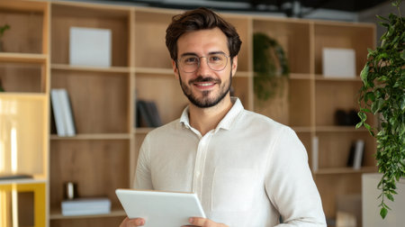 A young professional man smiling while holding a tablet in a modern office space, surrounded by bookshelves and greenery, epitomizing a productive work environment.の素材