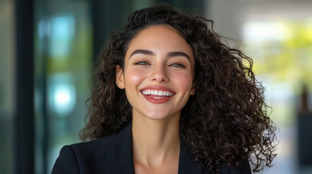 A confident woman with beautiful curly hair smiles warmly in an office setting. The image portrays positivity and professionalism, perfect for diverse corporate themes.の素材
