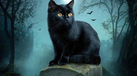A captivating black cat with glowing yellow eyes sits on a stone in a foggy forest, surrounded by an eerie atmosphere with bats flying in the night sky.の素材
