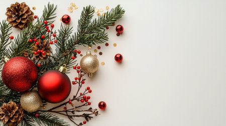 A beautiful arrangement featuring Christmas ornaments in red and gold, complemented by pine branches and festive berries on a clean background, perfect for holiday themes.の素材