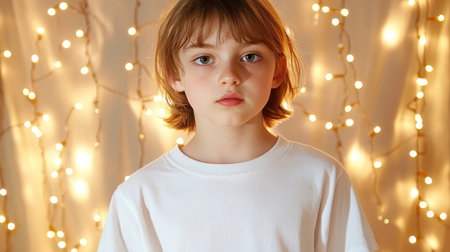 A young child stands with a calm expression against a backdrop of soft fairy lights. The warm ambiance creates a serene and peaceful atmosphere, capturing the essence of childhood innocence.の素材