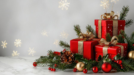 A vibrant arrangement of red Christmas presents with elegant gold bows, surrounded by pine branches and ornaments, creating a festive holiday atmosphere.の素材