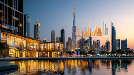 Captivating sunset cityscape featuring modern architecture and financial charts overlay, showcasing the dynamic growth of urban business environments.の素材