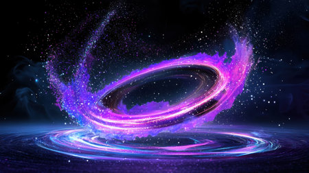 Explore a vivid cosmic swirl of purple energy, surrounded by sparkling stars in a deep space background, perfect for digital art and abstract designs.の素材