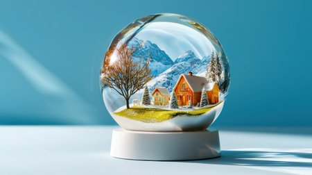A beautifully crafted snow globe featuring a colorful house set against a serene winter landscape, with snow-capped mountains and lush trees. Perfect for holiday dの素材