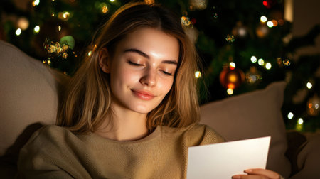 A young woman enjoys a peaceful moment reading a letter by the warm glow of a beautifully decorated Christmas tree, embracing the festive spirit and joy of the holiday season.の素材