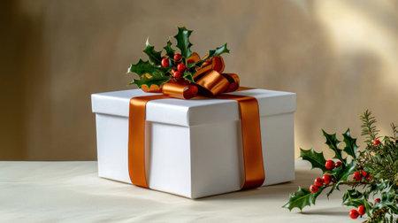 A beautiful white gift box adorned with an orange ribbon rests on a soft surface. Surrounding it are festive holiday decorations, including holly leaves and red berries. Ideal for celebrating the joy of giving.の素材