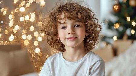 A joyful child with curly hair smiles warmly in a cozy holiday setting, surrounded by twinkling lights that create a festive and cheerful atmosphere.の素材