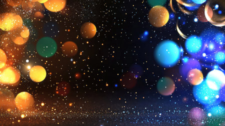 A vibrant and colorful bokeh background featuring glitter and sparkle effects. Ideal for festive themes, invitations, and artistic designs.の素材