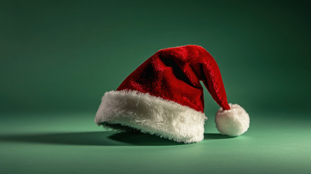 A classic red Santa hat with white fur trim rests gently on a soft green background, evoking the spirit of joy, warmth, and festive celebrations during the holiday season.の素材