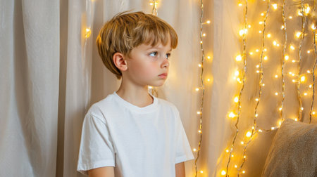A young boy stands thoughtfully against a backdrop of soft fairy lights. The serene ambiance creates a cozy and dreamy atmosphere, perfect for capturing childhood innocence and contemplation.の素材