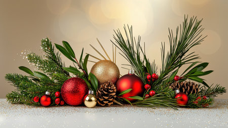 Beautiful festive arrangement featuring red and gold ornaments, pine branches, and natural elements. Perfect for holiday decor and seasonal celebrations.の素材