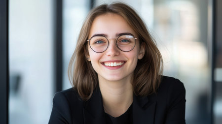A young professional woman with glasses smiles brightly in a modern office setting, exuding confidence and positivity. Perfect for business-related themes.の素材