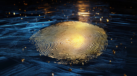 This captivating image features a golden fingerprint design on a shimmering water surface, creating an intriguing and artistic visual perfect for various creative projects.の素材