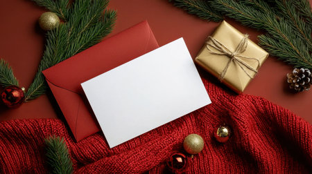 A cozy holiday scene featuring a red envelope, a golden gift, and a textured blanket, perfect for conveying festive greetings. Ideal for seasonal design.の素材