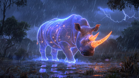 A surreal depiction of a glowing rhinoceros in a stormy night setting, illuminated by lightning and rain. This enchanting artwork captures the power and beauty of wildlife in a mystical atmosphere.の素材