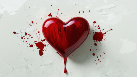 A vibrant red heart with a glossy finish, artistically surrounded by bright paint splatter on a clean white background. Ideal for themes of love and creativity.の素材