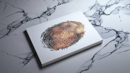 Artistic representation of a fingerprint on a marble surface, showcasing intricate details and textures, perfect for themes of security and identity exploration.の素材