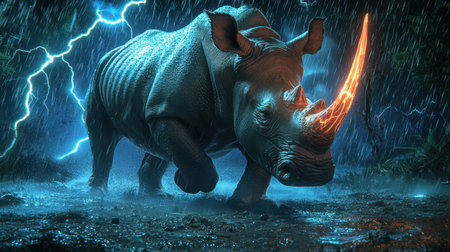 A powerful rhino charges through a stormy night, illuminated by dramatic lightning. The intense scene captures the raw beauty and strength of wildlife in a vibrant, wet landscape.の素材