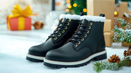 Eye-catching black winter boots feature a soft white fur trim, ideal for cold weather. Perfect for outdoor adventures, casual outings, and holiday celebrations.の素材