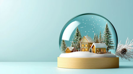 A beautifully crafted decorative snow globe featuring a winter village scene with charming houses and tall pine trees surrounded by falling snowflakes. Perfect for holiday decor.の素材