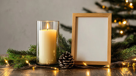 A serene Christmas scene featuring a glowing candle in glass, a blank wooden frame, and pine decorations, perfect for holiday memories and festive cheer.の素材