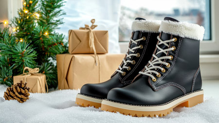A pair of stylish winter boots with a soft fur lining sits on a bed of snow, surrounded by festive Christmas decorations and gift packages, evoking a cozy holiday atmosphere.の素材