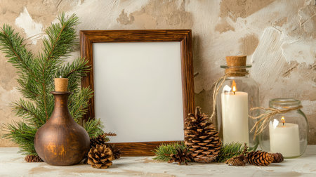 A serene winter decor scene featuring candles, pine cones, and greenery. The empty frame and rustic elements create a warm, inviting atmosphere suitable for seasonal displays.の素材