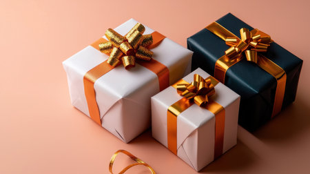 This image showcases a delightful arrangement of three beautifully wrapped gift boxes featuring vibrant ribbons. Perfect for celebrations.の素材