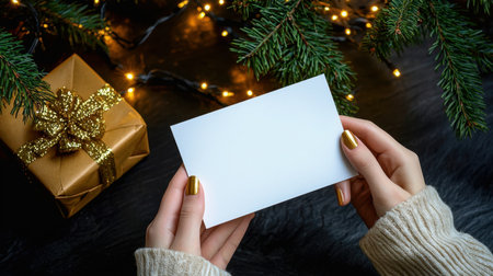 A close-up view of hands holding a blank card surrounded by Christmas decorations, including a gift box, twinkling lights, and pine branches, evoking festive warmth.の素材