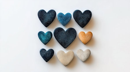 This image features a creative arrangement of decorative stone hearts in varying colors and textures. Ideal for themes of love and design.の素材