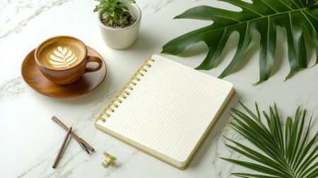 A cozy workspace featuring a blank notebook beside a latte with beautiful art, surrounded by greenery and elegant foliage on a marble table surface.の素材
