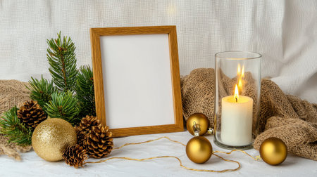 A warm and inviting Christmas scene featuring an empty wooden frame, a lit candle, and golden ornaments. Perfect for festive decoration ideas.の素材