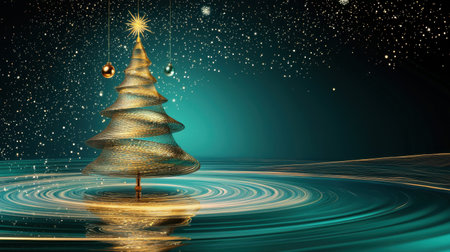 Stunning gold Christmas tree glistens in a serene backdrop of shimmering lights, evoking festive joy and winter magic for your holiday designs.の素材