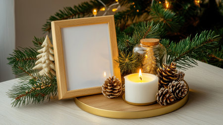 A cozy Christmas arrangement featuring a lit candle, an empty frame, and pine elements creates a warm and festive ambiance for the holiday season. Perfect for decor.の素材