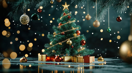 A beautifully decorated Christmas tree stands against a dark background. Shimmering ornaments, gift boxes, and soft lights create a magical festive atmosphere.の素材
