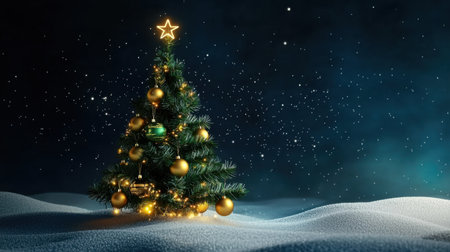 A stunning Christmas tree adorned with a glowing star and elegant ornaments set against a serene snowy landscape, capturing the magic of the holiday season.の素材