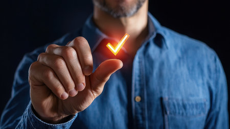 A man in a blue shirt gestures with his hand to display a glowing check mark symbol. The dark background emphasizes the positivity and success of the sign, creating a modern, engaging visual for various concepts.の素材