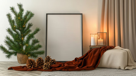 A serene winter decor scene featuring a small pine tree, a blank frame, and warm candlelight. Perfect for home decor inspiration and holiday aesthetics.の素材