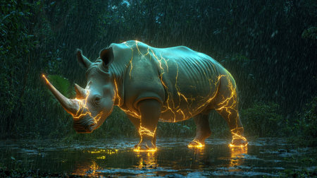 A stunning depiction of a rhinoceros illuminated by electric light in a rainy forest setting. This artwork captures the powerful essence of wildlife and nature.の素材