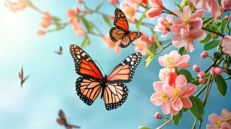 A stunning scene of monarch butterflies gracefully flying around blooming pink flowers. This vibrant image captures the essence of spring and natural beauty.の素材